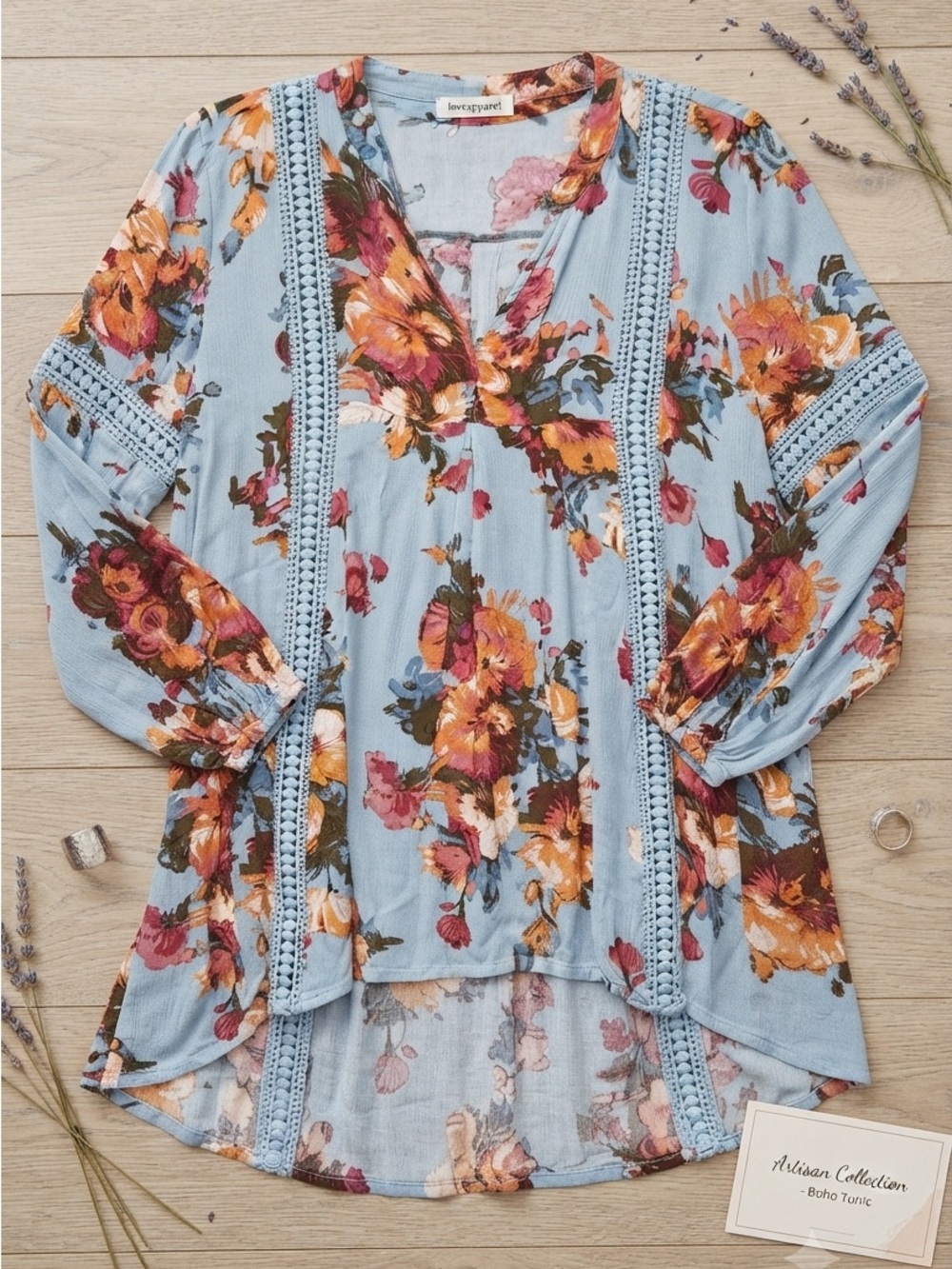 Blu Pepper Light Blue Floral Crochet-Trim Tunic